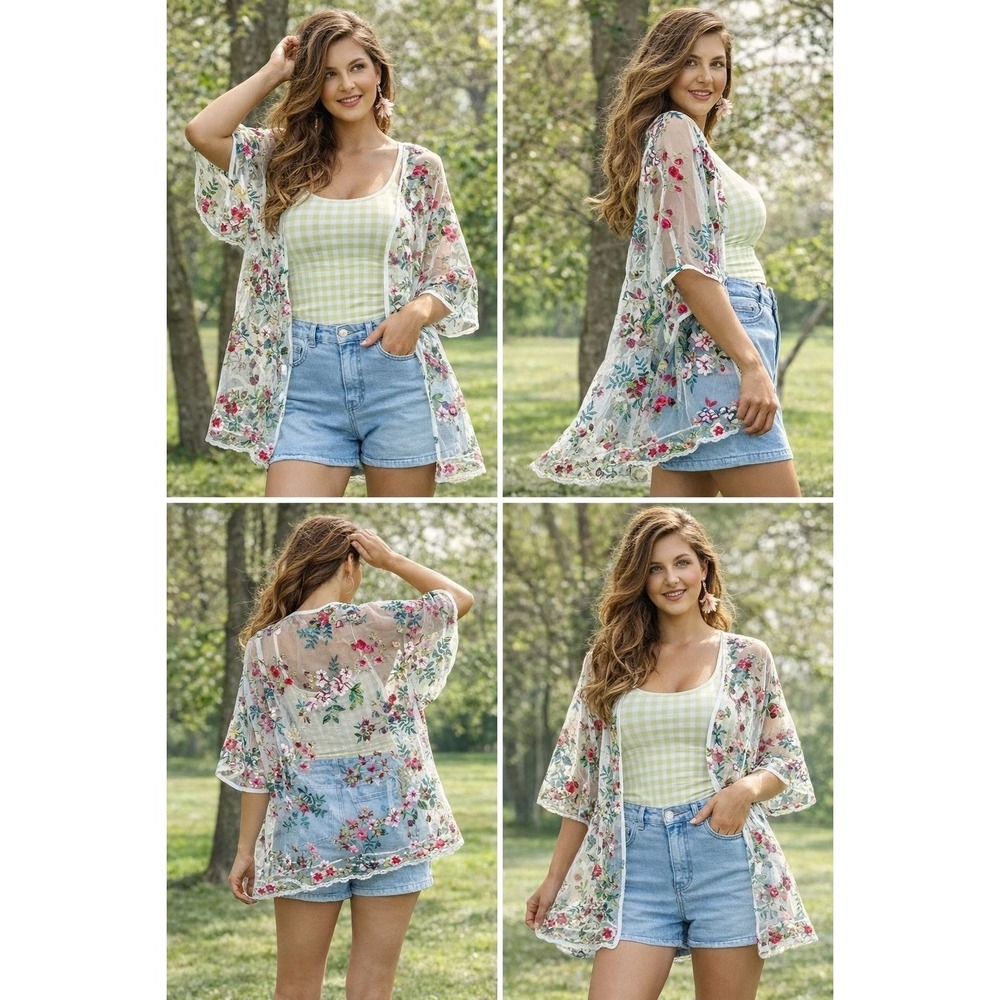 Sheer‎ Floral Embroidered Kimono Cardigan Mesh Boho Festival Cover Up Umgee sz M